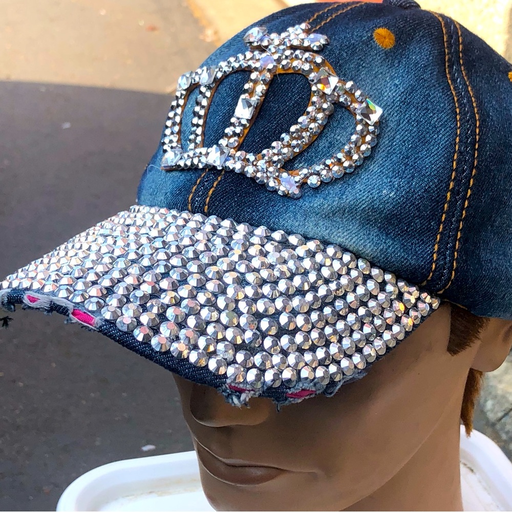 Denim Jeans Rhinestones Women's Blue Hat Baseball Cap Ladies Strapback